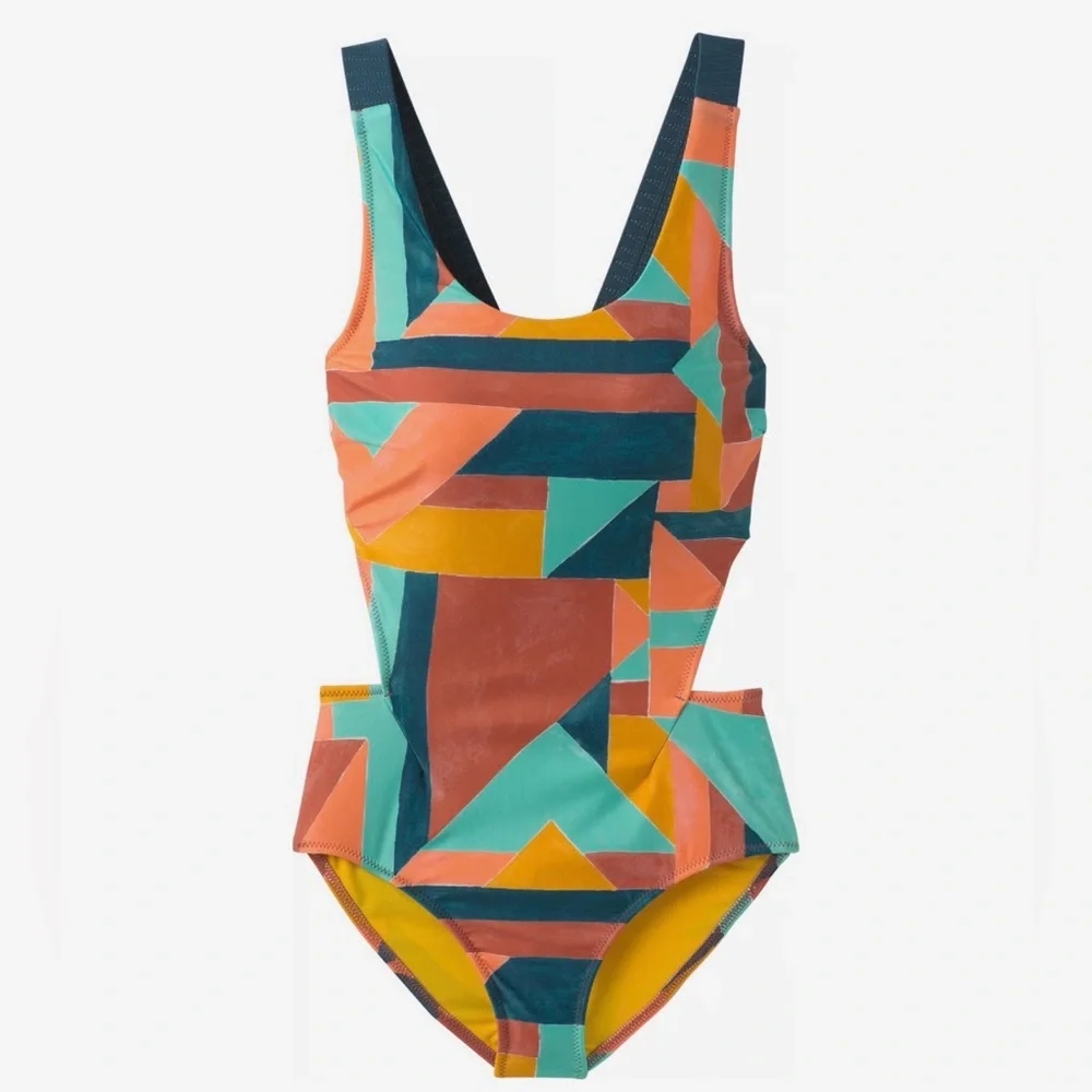 PRANA Neolani One Piece Swimsuit Geometric Pattern Atlantic Seaglass Resortwear - Picture 14 of 16
